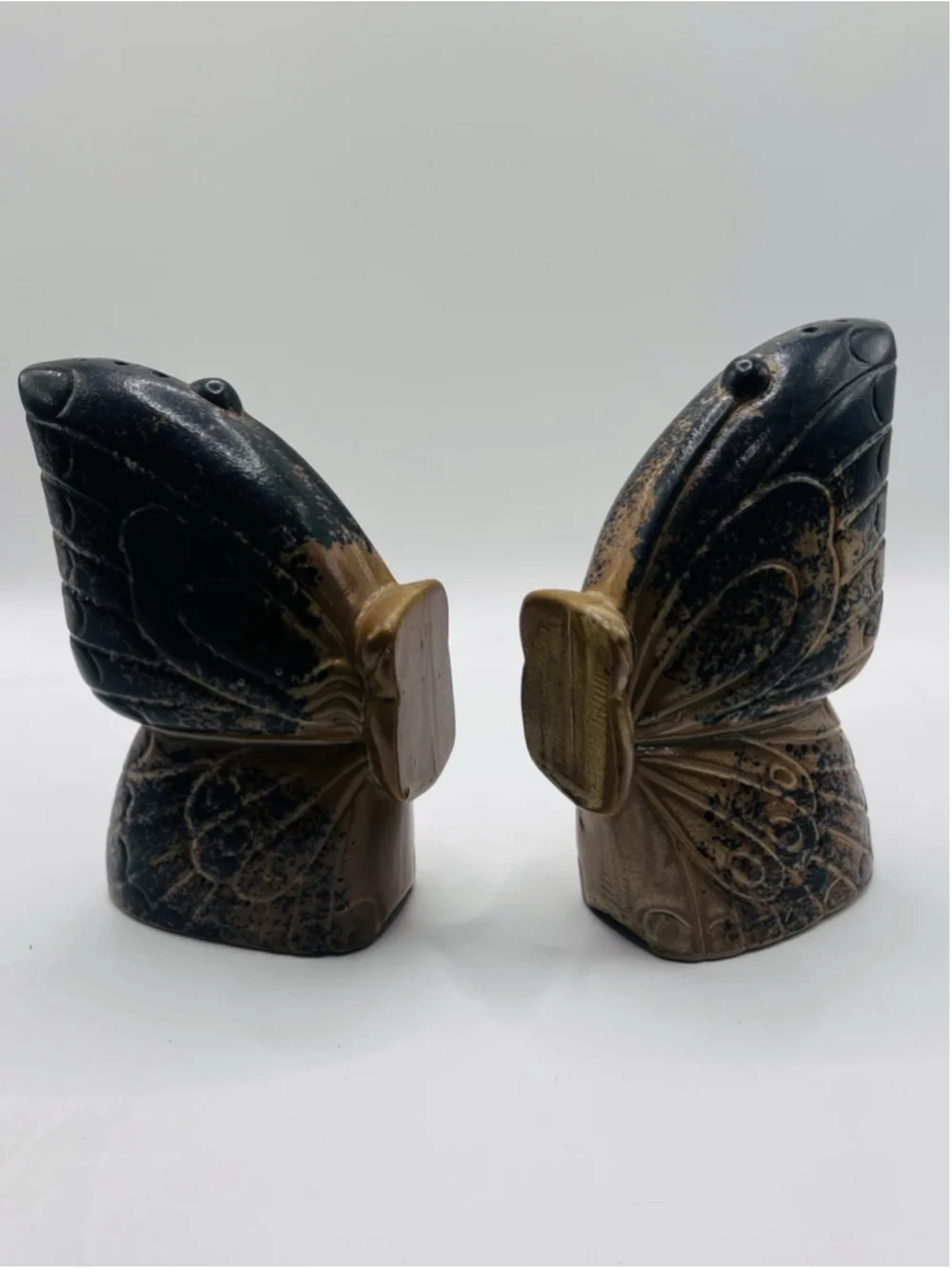 Vintage Butterfly Salt & Pepper Shakers Japan Black Brown Ceramic MCM Large Wing
